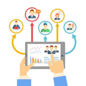 Remote business management concept with a businessman holding a tablet showing analytics and graphs connected to a diverse team of people on a conferencing video link for brainstorming and discussion